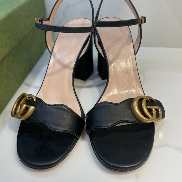 GUCCI - GG Marmont Leather Block Heel Sandal Black size 37 - US size 7 - Picture 7 of 8